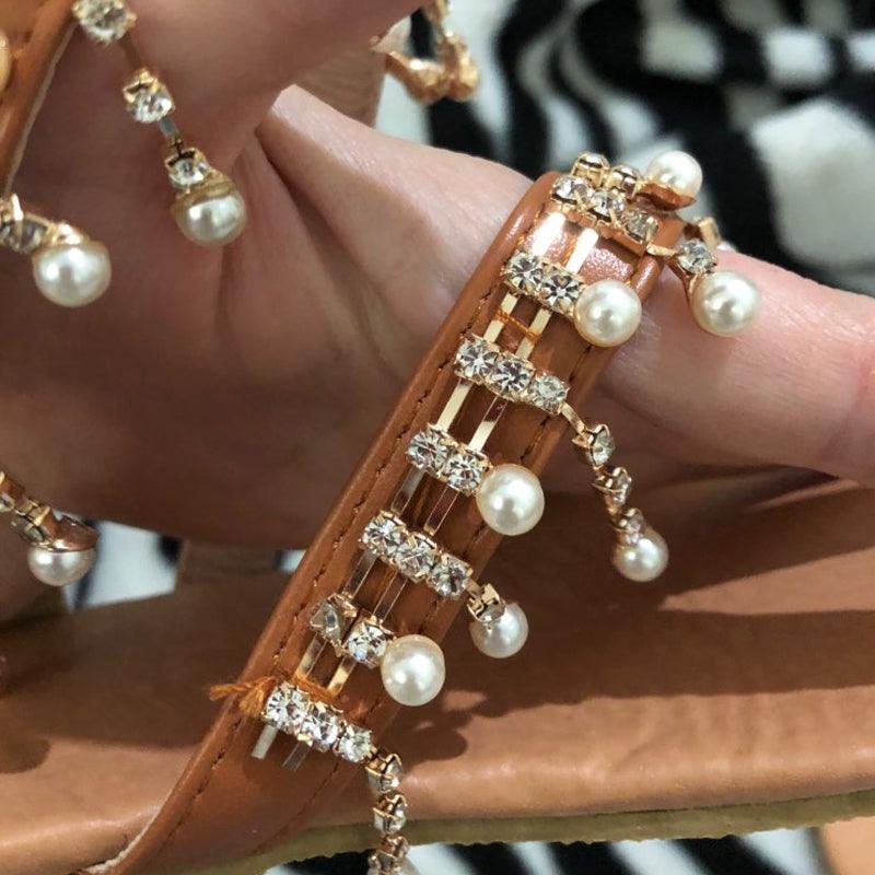 Women Sandals Summer Shoes Flat Pearl Sandals Comfortable String Slippers Women Casual Sandals For Women Casual T Strap Dress Sandals Summer Open Toe Shoes