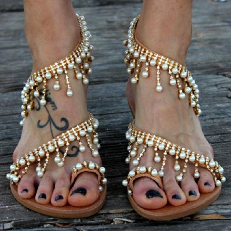 Women Sandals Summer Shoes Flat Pearl Sandals Comfortable String Slippers Women Casual Sandals For Women Casual T Strap Dress Sandals Summer Open Toe Shoes