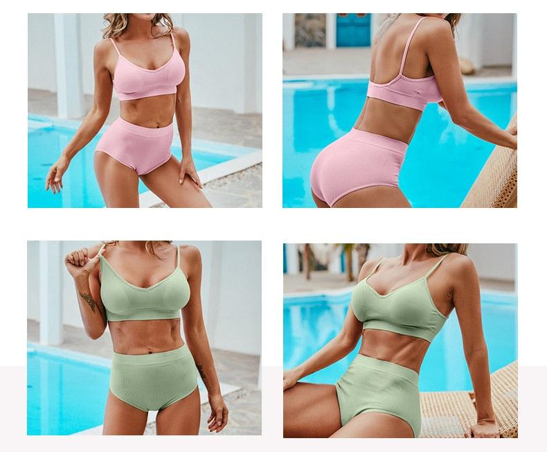 Women Seamless Bra Top Fitness Swimwear Push Up Exercise Bikini For Women 2 Pieces Ribbed Seamless Yoga Bikini Sets Sports Bra And Underwear Set 2 Piece High Waist Summer Bikini