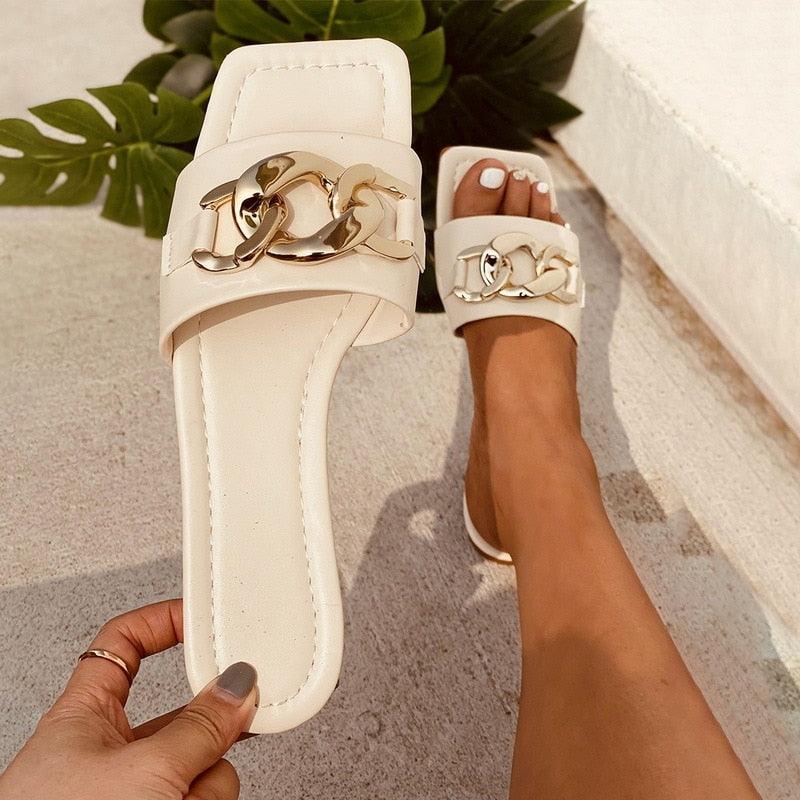 Women Slipper Sandals New Design Gold Chain Closed Toe Slip On Flat Heels Square Head Casual Slides Flip Flop Chunky Heel Mules Open Toe Slip On Dress Backless High Heels Slides Slippers