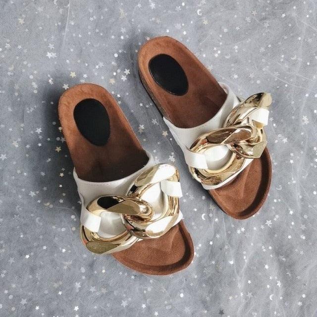 Women Slippers Metal Chain Leather Flat Slippers Women Fashion Casual Shoes Runway Half Women Flat Slide Sandals Slip On Open Toe Sandals Casual Style Slippers