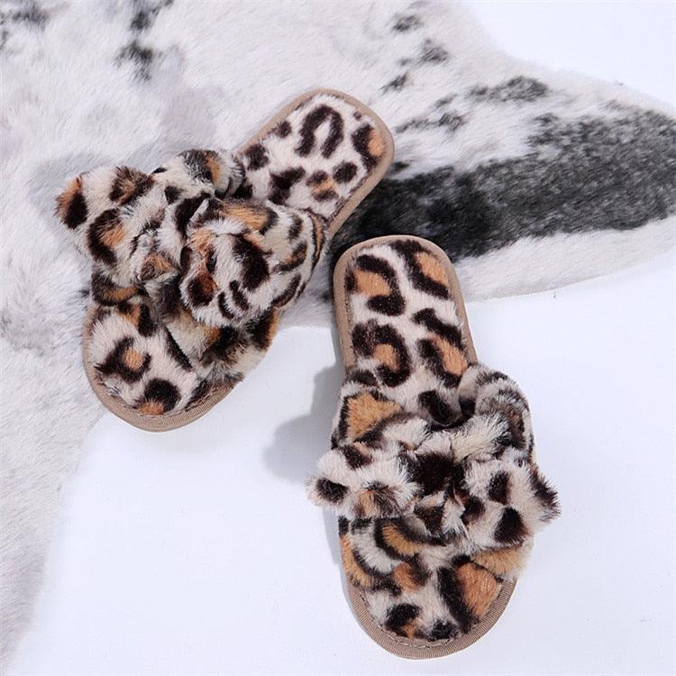 Women Slippers Winter Shoes Home Slippers Faux Fur Slippers Leopard Print Bow Decoration Shoes Faux Fur Slippers Warm Flip Flop House Slippers Open Toe Home Slippers For Girls