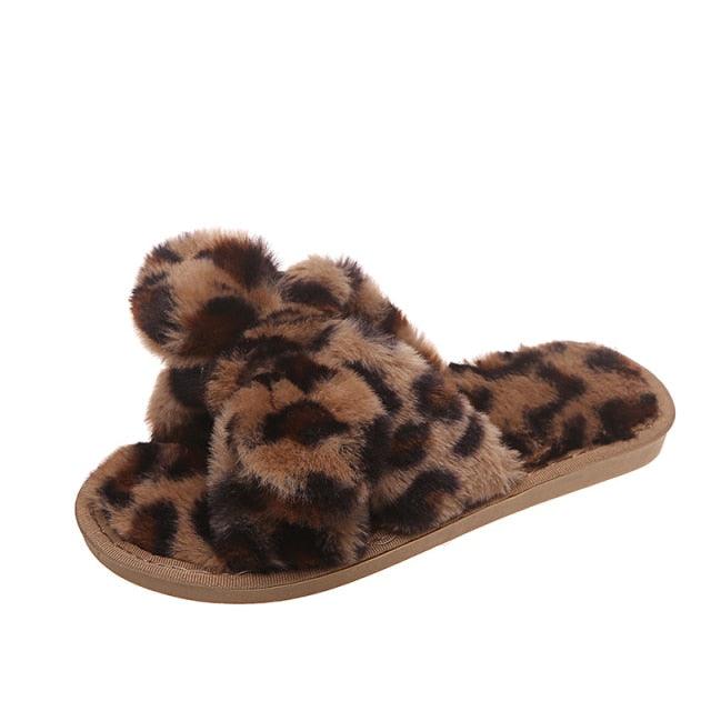 Women Slippers Winter Shoes Home Slippers Faux Fur Slippers Leopard Print Bow Decoration Shoes Faux Fur Slippers Warm Flip Flop House Slippers Open Toe Home Slippers For Girls