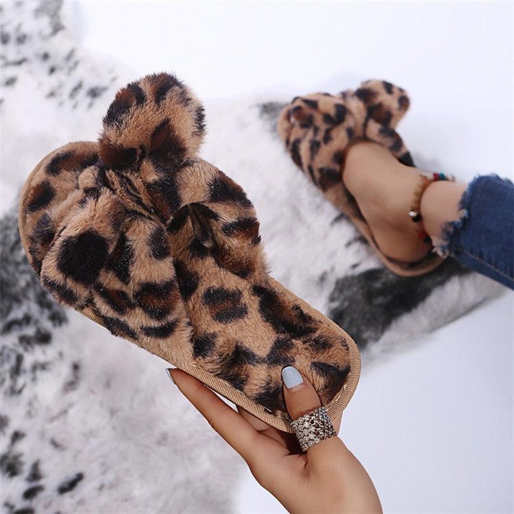 Women Slippers Winter Shoes Home Slippers Faux Fur Slippers Leopard Print Bow Decoration Shoes Faux Fur Slippers Warm Flip Flop House Slippers Open Toe Home Slippers For Girls