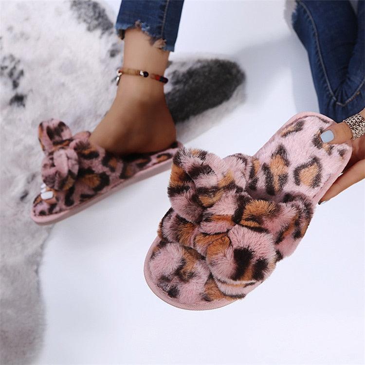 Women Slippers Winter Shoes Home Slippers Faux Fur Slippers Leopard Print Bow Decoration Shoes Faux Fur Slippers Warm Flip Flop House Slippers Open Toe Home Slippers For Girls