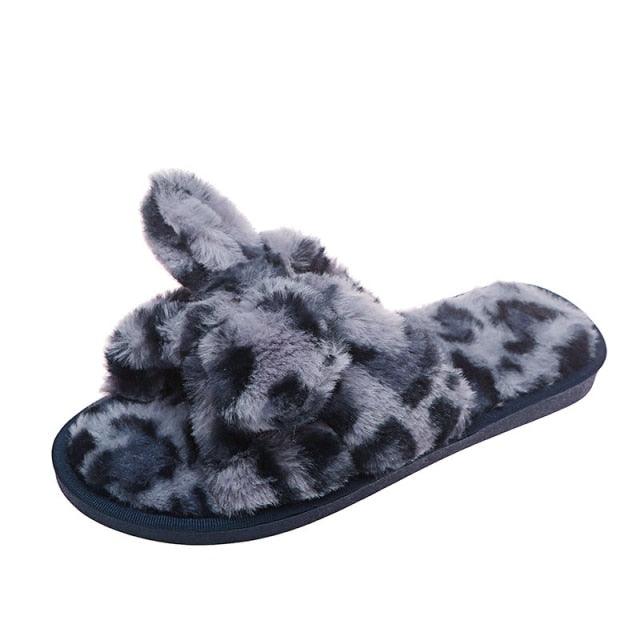 Women Slippers Winter Shoes Home Slippers Faux Fur Slippers Leopard Print Bow Decoration Shoes Faux Fur Slippers Warm Flip Flop House Slippers Open Toe Home Slippers For Girls