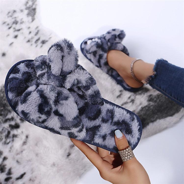 Women Slippers Winter Shoes Home Slippers Faux Fur Slippers Leopard Print Bow Decoration Shoes Faux Fur Slippers Warm Flip Flop House Slippers Open Toe Home Slippers For Girls