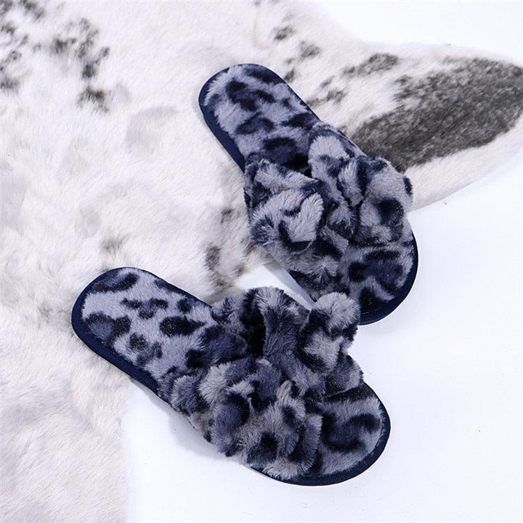 Women Slippers Winter Shoes Home Slippers Faux Fur Slippers Leopard Print Bow Decoration Shoes Faux Fur Slippers Warm Flip Flop House Slippers Open Toe Home Slippers For Girls