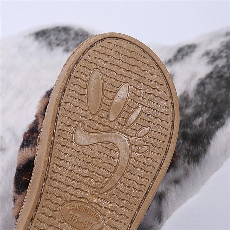 Women Slippers Winter Shoes Home Slippers Faux Fur Slippers Leopard Print Bow Decoration Shoes Faux Fur Slippers Warm Flip Flop House Slippers Open Toe Home Slippers For Girls