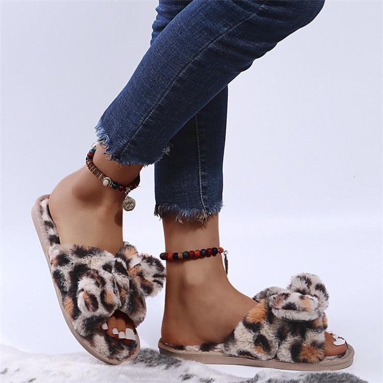 Women Slippers Winter Shoes Home Slippers Faux Fur Slippers Leopard Print Bow Decoration Shoes Faux Fur Slippers Warm Flip Flop House Slippers Open Toe Home Slippers For Girls