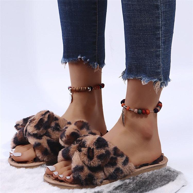 Women Slippers Winter Shoes Home Slippers Faux Fur Slippers Leopard Print Bow Decoration Shoes Faux Fur Slippers Warm Flip Flop House Slippers Open Toe Home Slippers For Girls