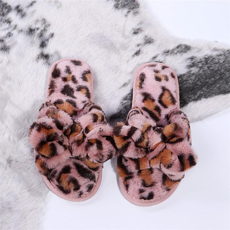 Women Slippers Winter Shoes Home Slippers Faux Fur Slippers Leopard Print Bow Decoration Shoes Faux Fur Slippers Warm Flip Flop House Slippers Open Toe Home Slippers For Girls