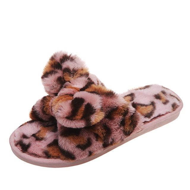 Women Slippers Winter Shoes Home Slippers Faux Fur Slippers Leopard Print Bow Decoration Shoes Faux Fur Slippers Warm Flip Flop House Slippers Open Toe Home Slippers For Girls