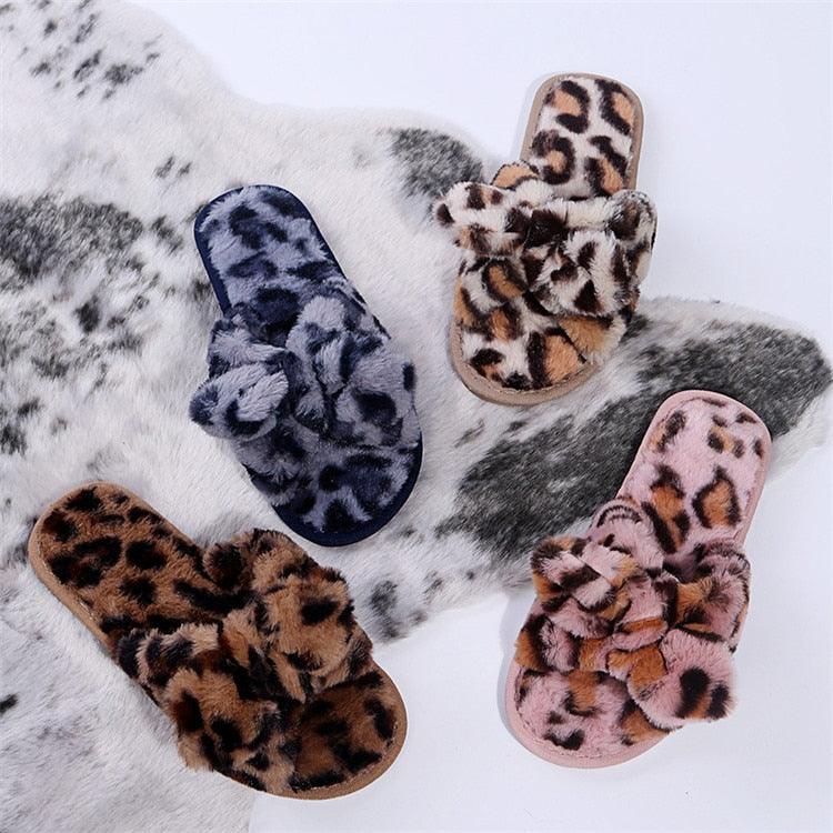 Women Slippers Winter Shoes Home Slippers Faux Fur Slippers Leopard Print Bow Decoration Shoes Faux Fur Slippers Warm Flip Flop House Slippers Open Toe Home Slippers For Girls