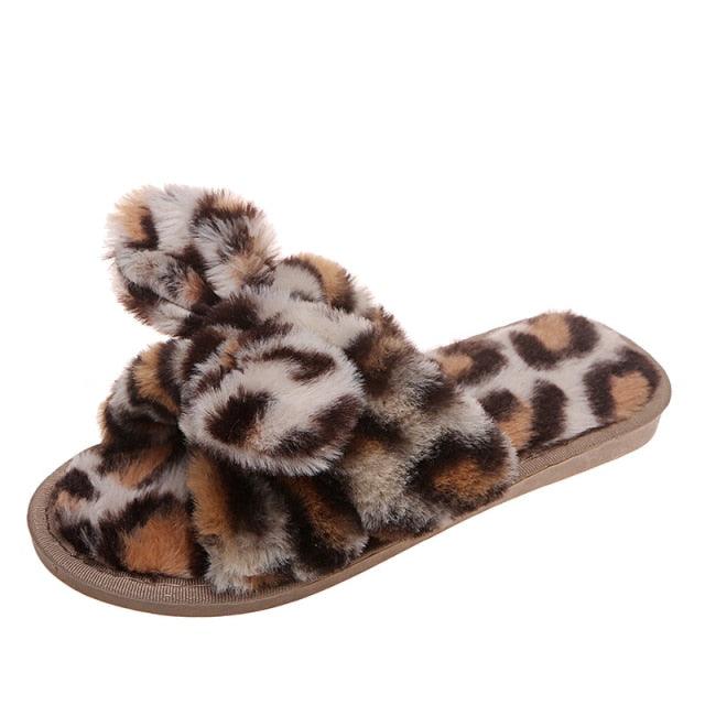 Women Slippers Winter Shoes Home Slippers Faux Fur Slippers Leopard Print Bow Decoration Shoes Faux Fur Slippers Warm Flip Flop House Slippers Open Toe Home Slippers For Girls