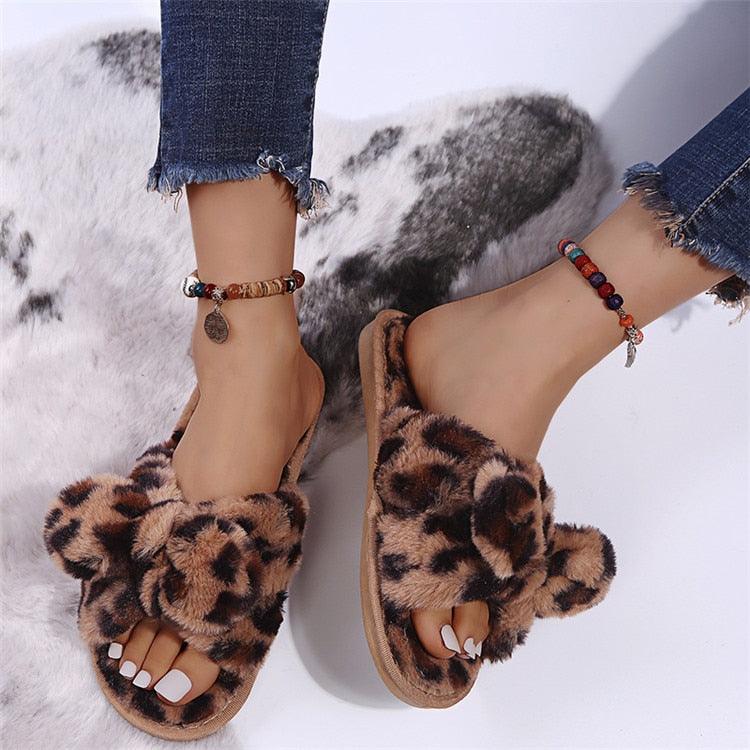 Women Slippers Winter Shoes Home Slippers Faux Fur Slippers Leopard Print Bow Decoration Shoes Faux Fur Slippers Warm Flip Flop House Slippers Open Toe Home Slippers For Girls