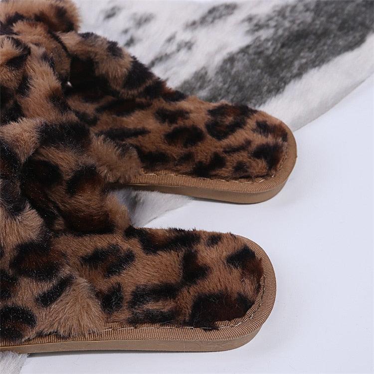 Women Slippers Winter Shoes Home Slippers Faux Fur Slippers Leopard Print Bow Decoration Shoes Faux Fur Slippers Warm Flip Flop House Slippers Open Toe Home Slippers For Girls