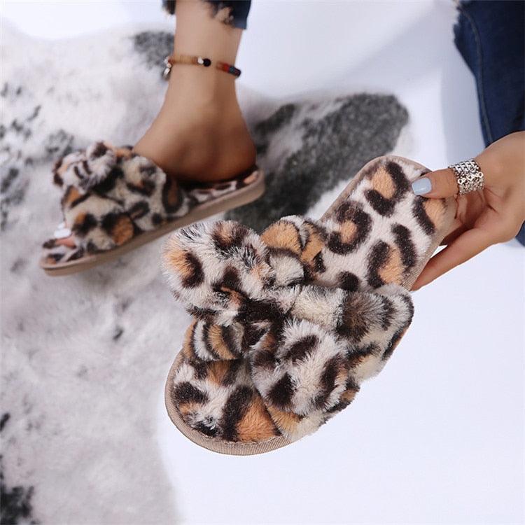 Women Slippers Winter Shoes Home Slippers Faux Fur Slippers Leopard Print Bow Decoration Shoes Faux Fur Slippers Warm Flip Flop House Slippers Open Toe Home Slippers For Girls