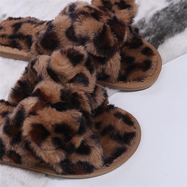 Women Slippers Winter Shoes Home Slippers Faux Fur Slippers Leopard Print Bow Decoration Shoes Faux Fur Slippers Warm Flip Flop House Slippers Open Toe Home Slippers For Girls