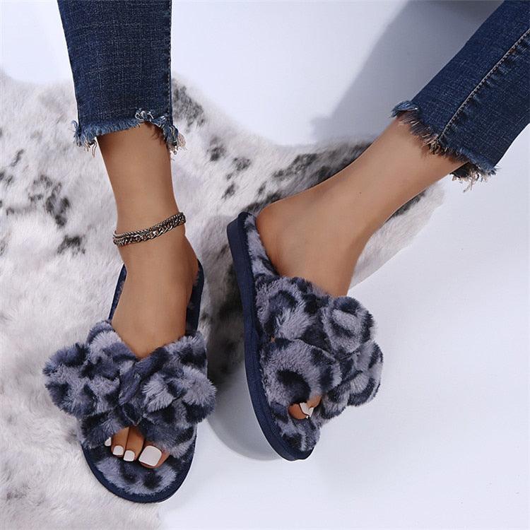 Women Slippers Winter Shoes Home Slippers Faux Fur Slippers Leopard Print Bow Decoration Shoes Faux Fur Slippers Warm Flip Flop House Slippers Open Toe Home Slippers For Girls