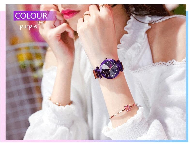 Women Starry Sky Clock Luxury Women Watches Fashion Diamond Quartz Wristwatches Women's Fashion Starry Sky Watch Luxury Analog Stardust Watches For Girls Casual Luminous Ladies Wrist Watch With Stainless Steel Mesh Band Dress Watch