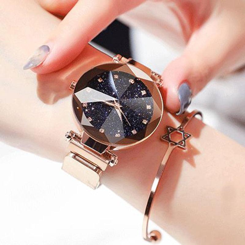 Women Starry Sky Clock Luxury Women Watches Fashion Diamond Quartz Wristwatches Women's Fashion Starry Sky Watch Luxury Analog Stardust Watches For Girls Casual Luminous Ladies Wrist Watch With Stainless Steel Mesh Band Dress Watch