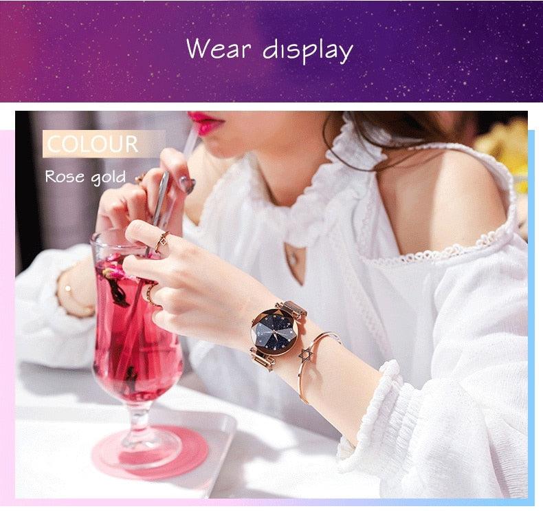 Women Starry Sky Clock Luxury Women Watches Fashion Diamond Quartz Wristwatches Women's Fashion Starry Sky Watch Luxury Analog Stardust Watches For Girls Casual Luminous Ladies Wrist Watch With Stainless Steel Mesh Band Dress Watch