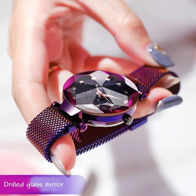 Women Starry Sky Clock Luxury Women Watches Fashion Diamond Quartz Wristwatches Women's Fashion Starry Sky Watch Luxury Analog Stardust Watches For Girls Casual Luminous Ladies Wrist Watch With Stainless Steel Mesh Band Dress Watch