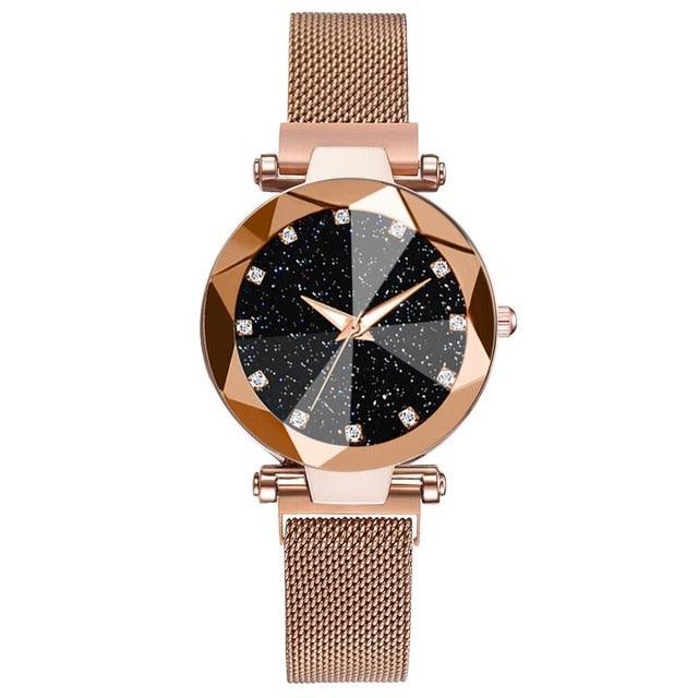 Women Starry Sky Clock Luxury Women Watches Fashion Diamond Quartz Wristwatches Women's Fashion Starry Sky Watch Luxury Analog Stardust Watches For Girls Casual Luminous Ladies Wrist Watch With Stainless Steel Mesh Band Dress Watch