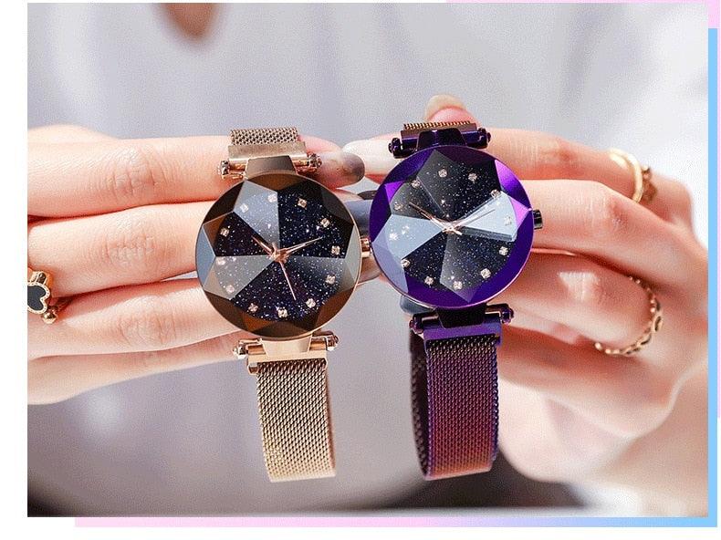 Women Starry Sky Clock Luxury Women Watches Fashion Diamond Quartz Wristwatches Women's Fashion Starry Sky Watch Luxury Analog Stardust Watches For Girls Casual Luminous Ladies Wrist Watch With Stainless Steel Mesh Band Dress Watch