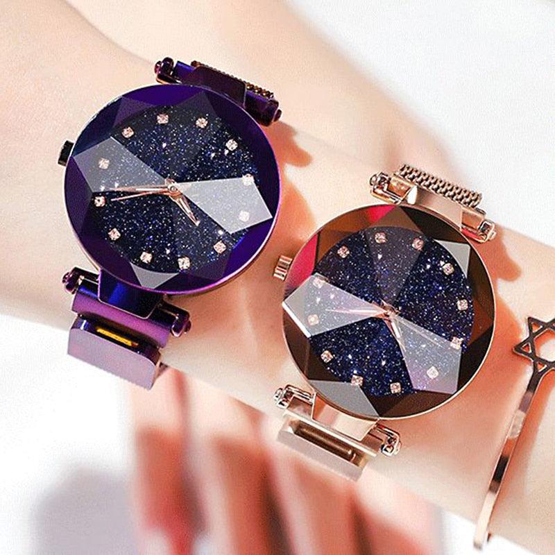 Women Starry Sky Clock Luxury Women Watches Fashion Diamond Quartz Wristwatches Women's Fashion Starry Sky Watch Luxury Analog Stardust Watches For Girls Casual Luminous Ladies Wrist Watch With Stainless Steel Mesh Band Dress Watch