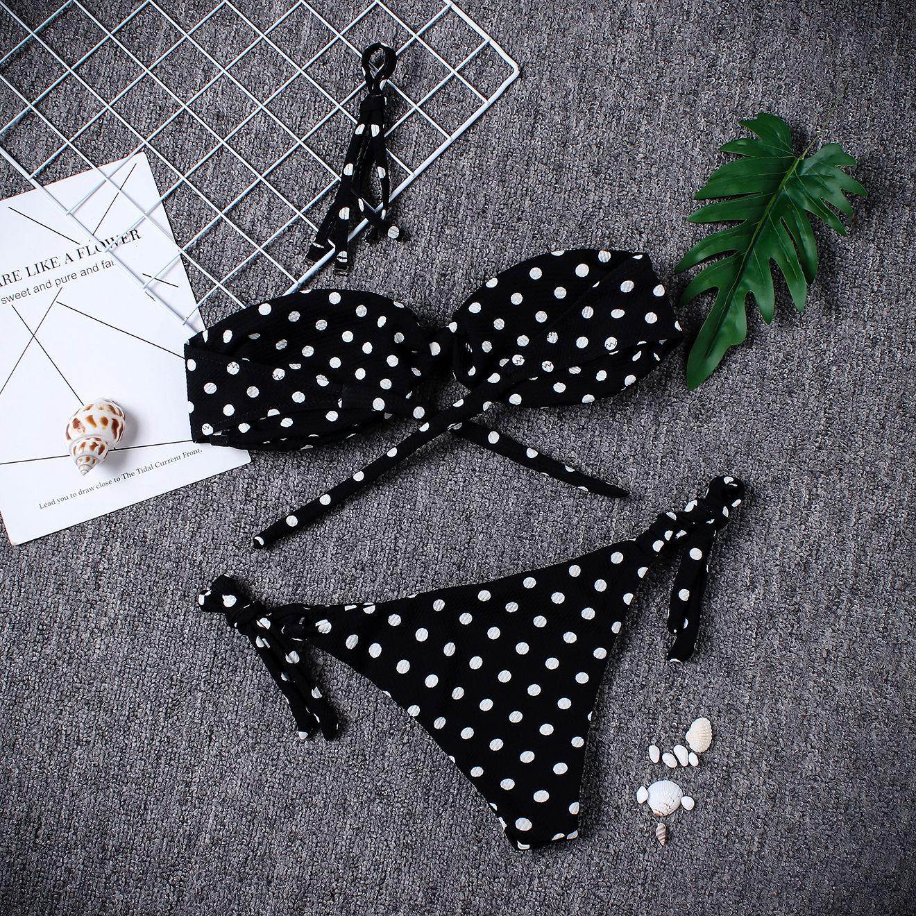 Women Strapless Bandage Push Up Dot Printed Bikini Set Women's Adjustable Bathing Suits Two Piece Swimwear Tie Cutout Low Waist String Bikini Set Lace Up Female Summer Swimwear Swimsuit Beachwear