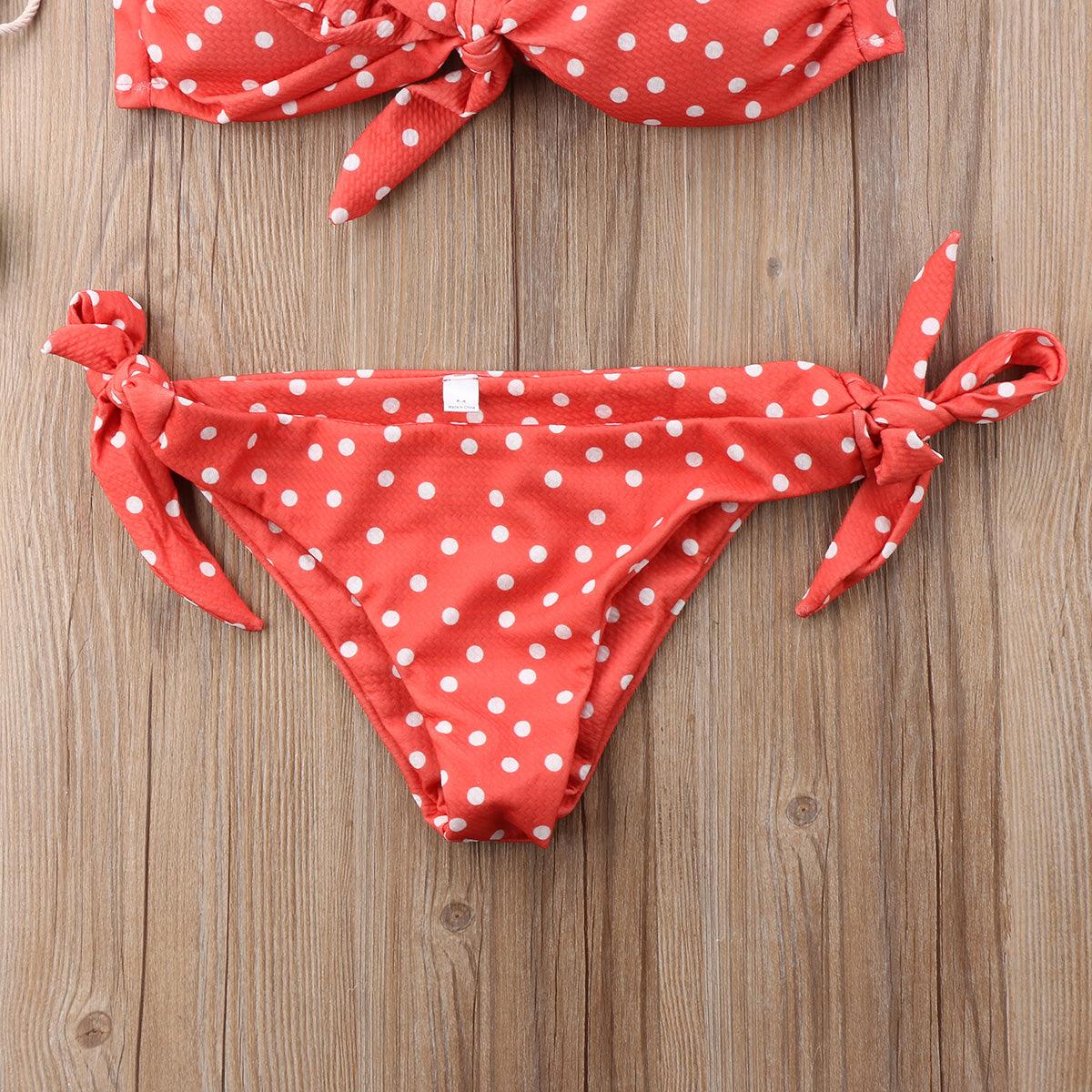 Women Strapless Bandage Push Up Dot Printed Bikini Set Women's Adjustable Bathing Suits Two Piece Swimwear Tie Cutout Low Waist String Bikini Set Lace Up Female Summer Swimwear Swimsuit Beachwear