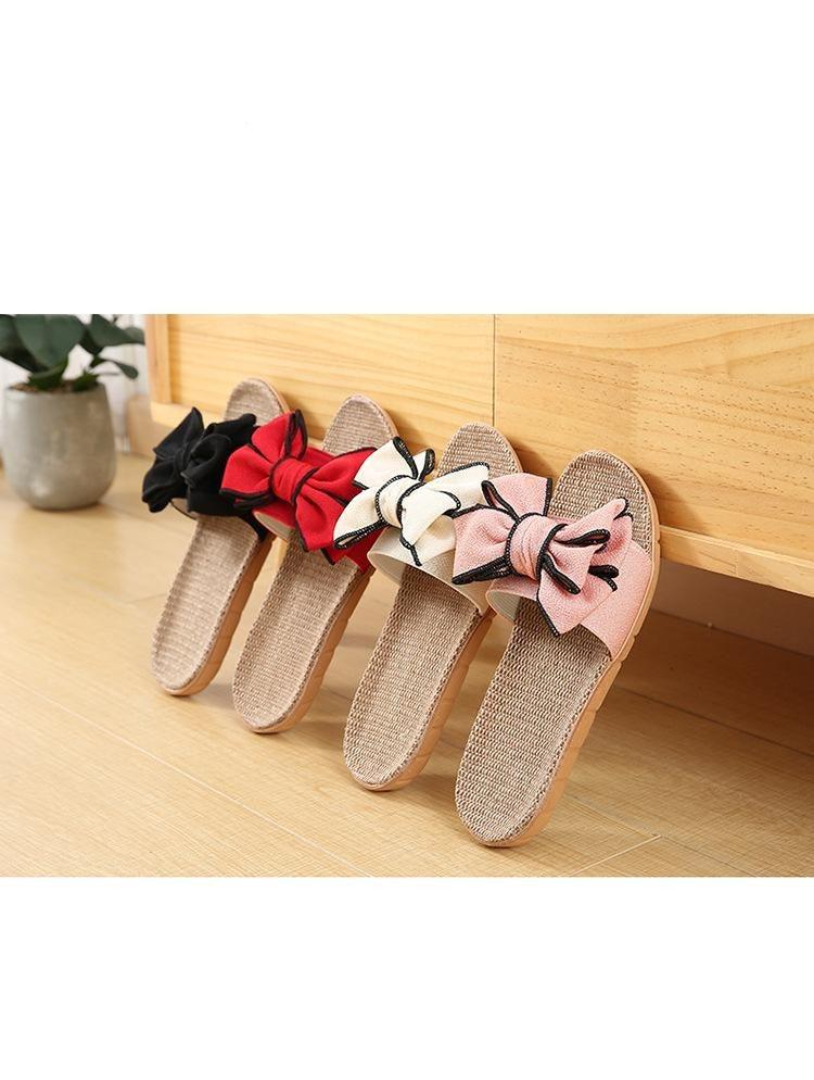 Women Summer Casual Slides Comfortable Flax Slippers Striped Bow Linen Flip Flops Platform Sandals Summer Indoor Slippers Linen Women's Slippers Flower Slippers