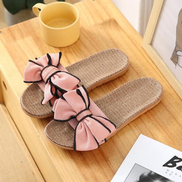 Women Summer Casual Slides Comfortable Flax Slippers Striped Bow Linen Flip Flops Platform Sandals Summer Indoor Slippers Linen Women's Slippers Flower Slippers