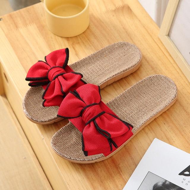 Women Summer Casual Slides Comfortable Flax Slippers Striped Bow Linen Flip Flops Platform Sandals Summer Indoor Slippers Linen Women's Slippers Flower Slippers