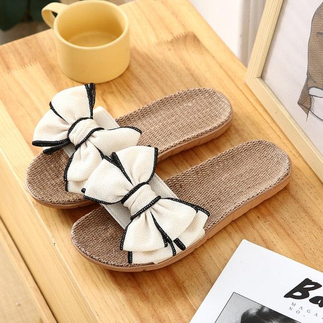 Women Summer Casual Slides Comfortable Flax Slippers Striped Bow Linen Flip Flops Platform Sandals Summer Indoor Slippers Linen Women's Slippers Flower Slippers