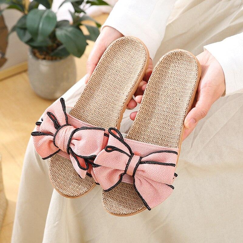 Women Summer Casual Slides Comfortable Flax Slippers Striped Bow Linen Flip Flops Platform Sandals Summer Indoor Slippers Linen Women's Slippers Flower Slippers