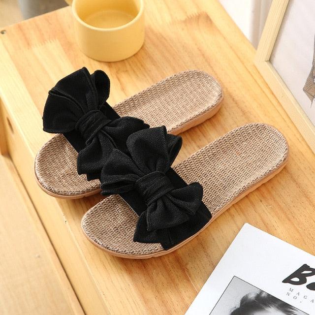 Women Summer Casual Slides Comfortable Flax Slippers Striped Bow Linen Flip Flops Platform Sandals Summer Indoor Slippers Linen Women's Slippers Flower Slippers