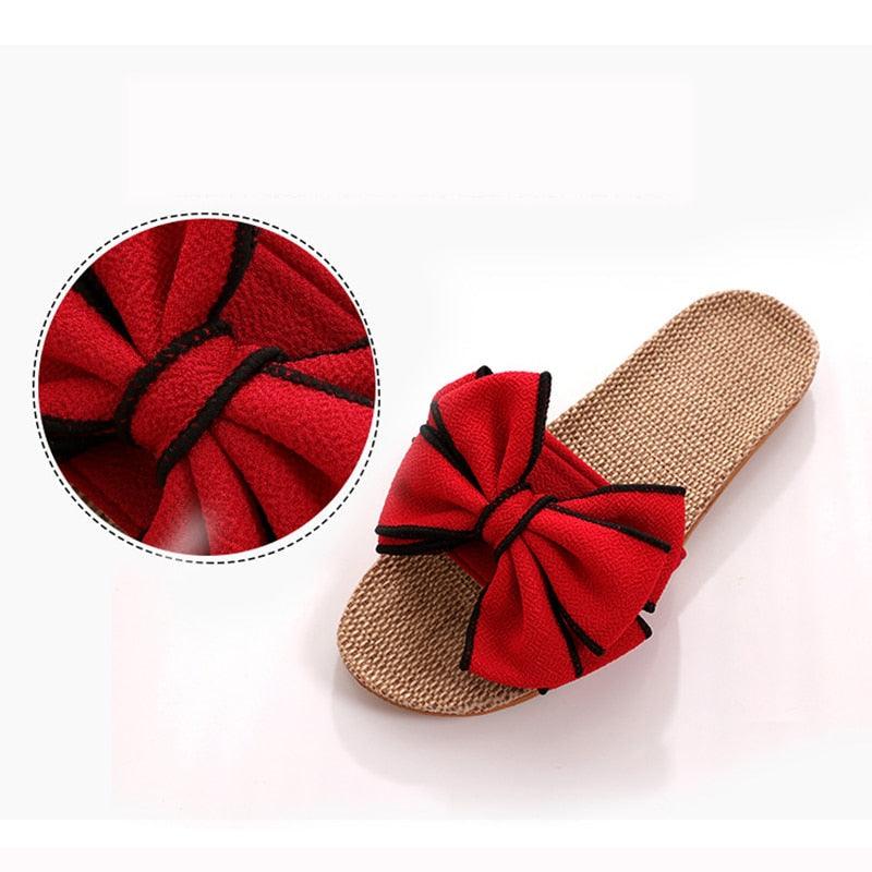 Women Summer Casual Slides Comfortable Slippers Striped Bow Linen Flip Flops Platform Sandals Unisex Linen Summer Beach Shoes Lightweight Skidproof Indoor Slippers Home Breathable Sandals