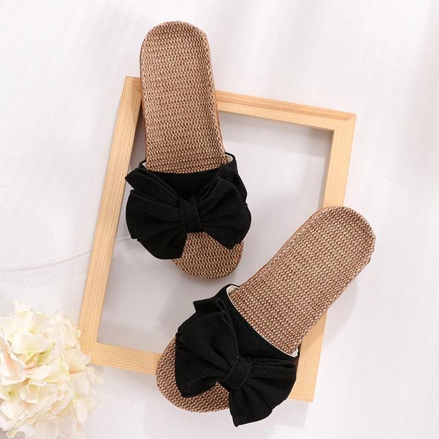 Women Summer Casual Slides Comfortable Slippers Striped Bow Linen Flip Flops Platform Sandals Unisex Linen Summer Beach Shoes Lightweight Skidproof Indoor Slippers Home Breathable Sandals