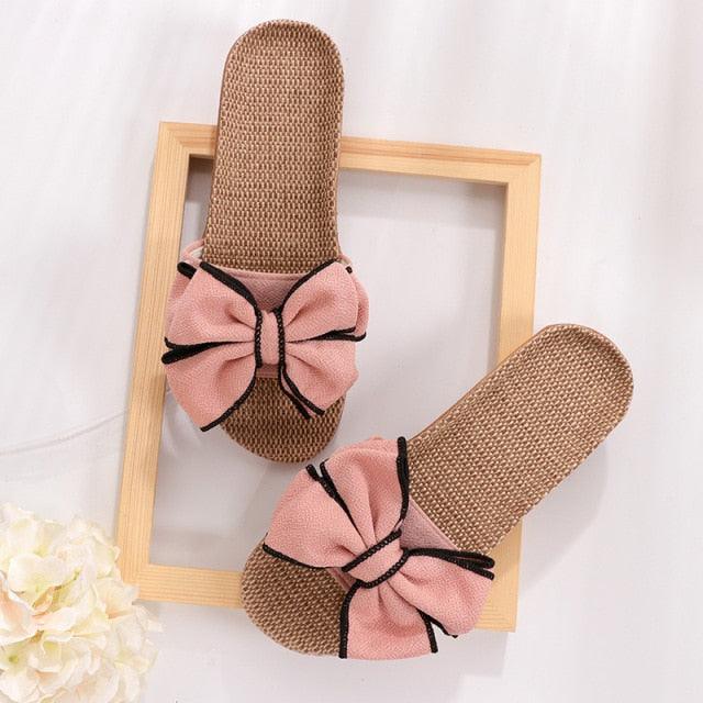 Women Summer Casual Slides Comfortable Slippers Striped Bow Linen Flip Flops Platform Sandals Unisex Linen Summer Beach Shoes Lightweight Skidproof Indoor Slippers Home Breathable Sandals