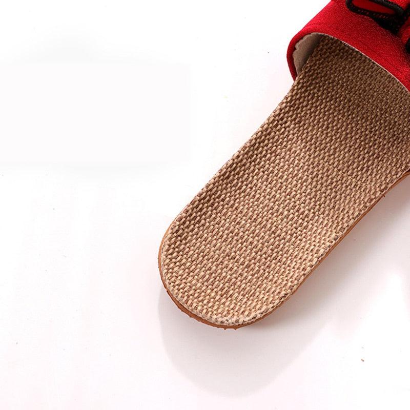 Women Summer Casual Slides Comfortable Slippers Striped Bow Linen Flip Flops Platform Sandals Unisex Linen Summer Beach Shoes Lightweight Skidproof Indoor Slippers Home Breathable Sandals