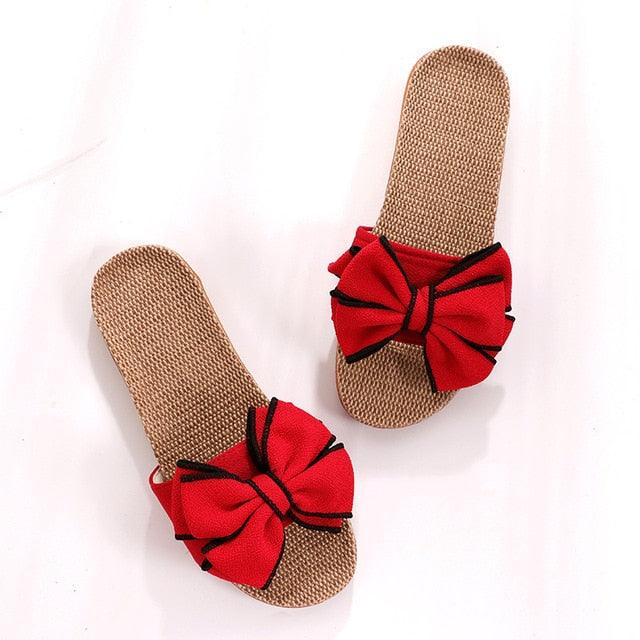 Women Summer Casual Slides Comfortable Slippers Striped Bow Linen Flip Flops Platform Sandals Unisex Linen Summer Beach Shoes Lightweight Skidproof Indoor Slippers Home Breathable Sandals