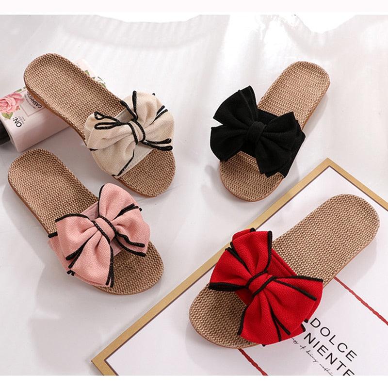 Women Summer Casual Slides Comfortable Slippers Striped Bow Linen Flip Flops Platform Sandals Unisex Linen Summer Beach Shoes Lightweight Skidproof Indoor Slippers Home Breathable Sandals