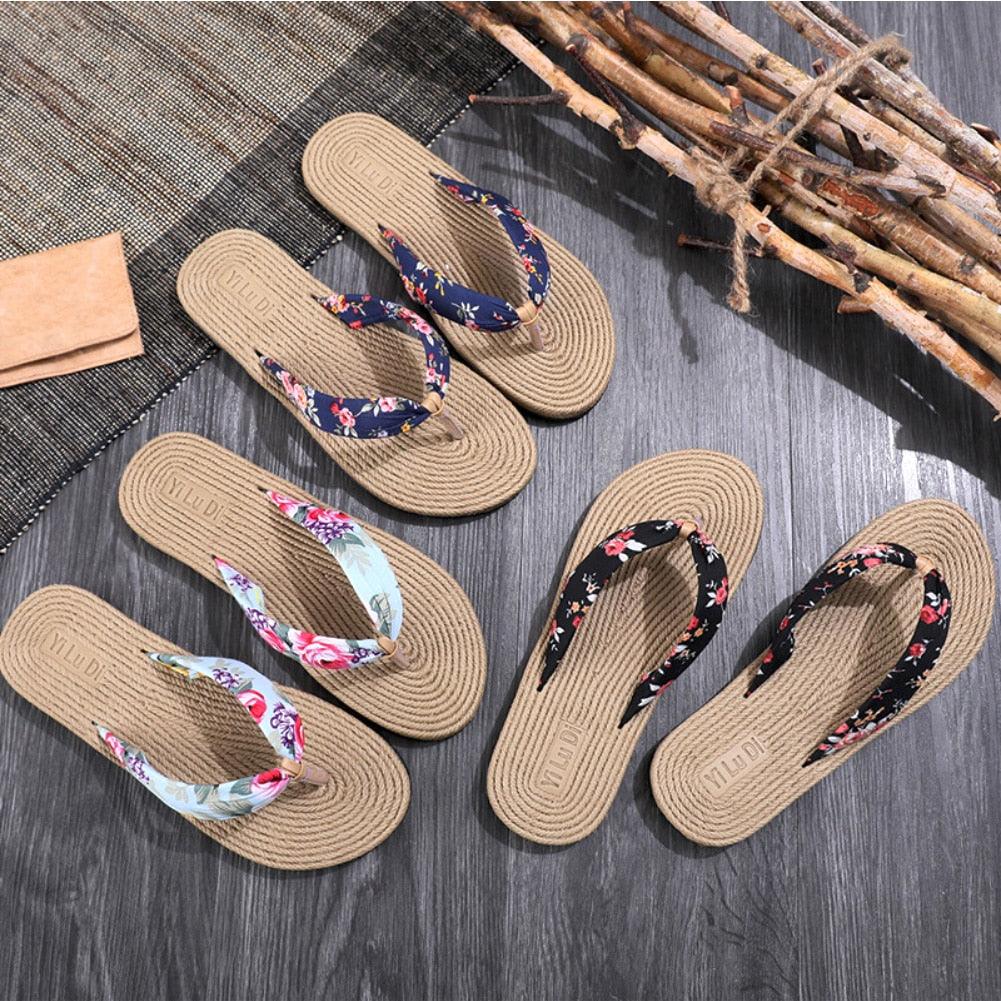 Women Summer Floral Flip Flops Beach Sandals Thongs Slippers Hemp Rope Travel Flip-Flops Unisex Home Slippers Flax Women House Slipper Open-Toe Breathable Slippers