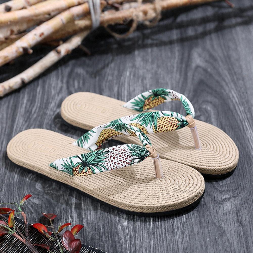 Women Summer Floral Flip Flops Beach Sandals Thongs Slippers Hemp Rope Travel Flip-Flops Unisex Home Slippers Flax Women House Slipper Open-Toe Breathable Slippers