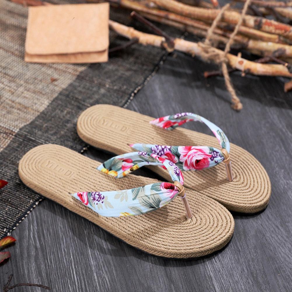 Women Summer Floral Flip Flops Beach Sandals Thongs Slippers Hemp Rope Travel Flip-Flops Unisex Home Slippers Flax Women House Slipper Open-Toe Breathable Slippers