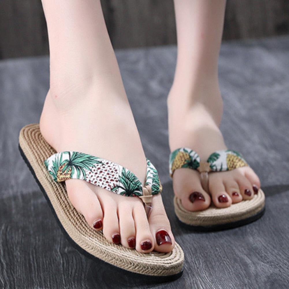 Women Summer Floral Flip Flops Beach Sandals Thongs Slippers Hemp Rope Travel Flip-Flops Unisex Home Slippers Flax Women House Slipper Open-Toe Breathable Slippers