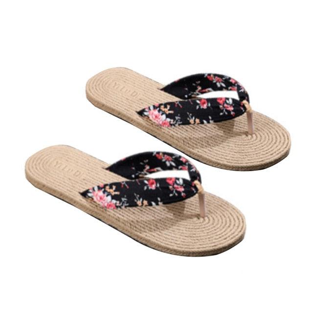 Women Summer Floral Flip Flops Beach Sandals Thongs Slippers Hemp Rope Travel Flip-Flops Unisex Home Slippers Flax Women House Slipper Open-Toe Breathable Slippers